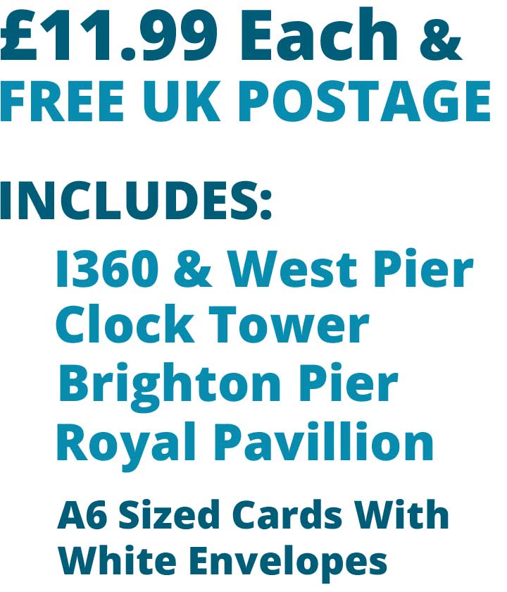 Singles Brighton - 4  Card Set £11.99 Includes I360 & West Pier, Brighton Clock Tower, Brighton Palace Pier, Royal Pavillion Cards